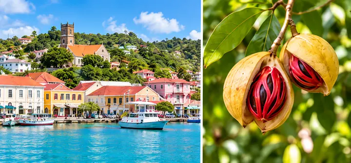 Illustrative Grenadian waterfront and open nutmeg fruit