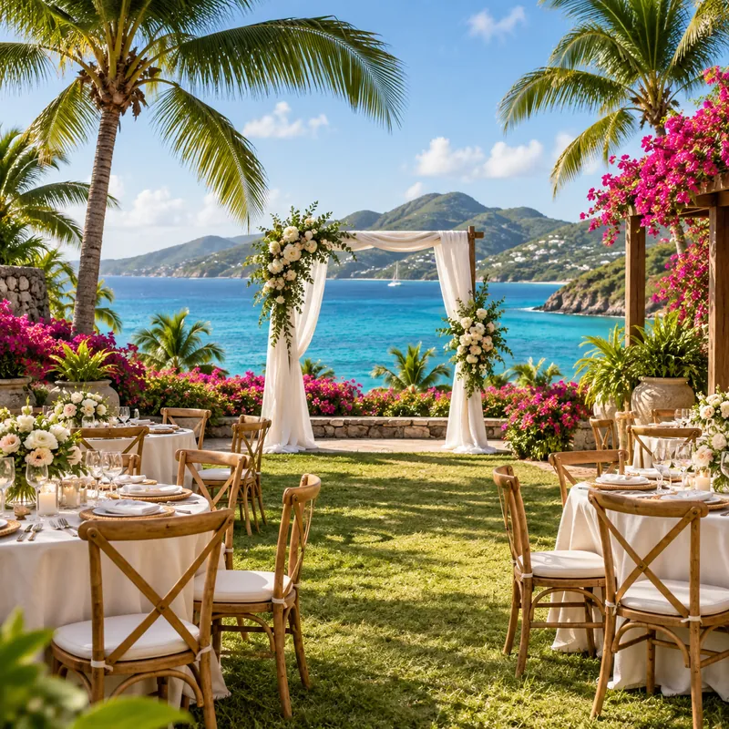 Illustrative coastal garden wedding setting with a floral arch and reception tables